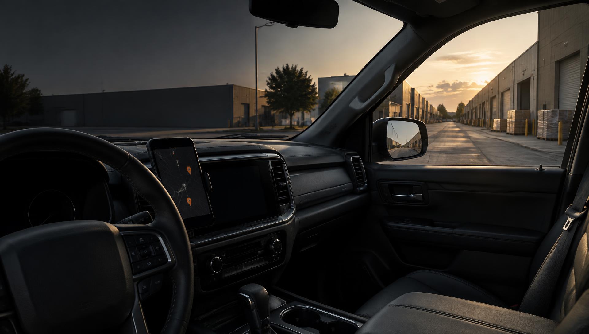 A parked sales rep's car overlooking a wholesale district
